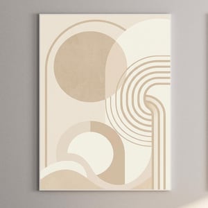 May include: Abstract geometric art print featuring a beige and cream color palette. The artwork showcases a series of shapes, including circles, arches, and curved lines, creating a retro-inspired design. The print is mounted on a rectangular canvas.