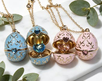 Hand Painted Enamel Egg Necklace, Surprise Heart Pendant, Gift for Mom, Vintage Faberge Style Jewelry, Unique Keepsake Necklace