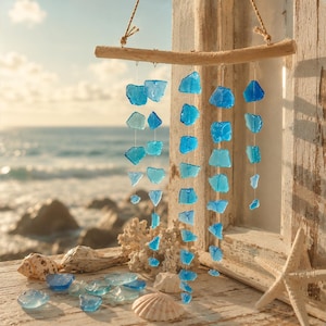 Peut inclure: Mobile décor sur le thème de la mer, composé de morceaux de verre de mer bleus suspendus à une branche en bois naturel. Les pièces de verre de mer sont de différentes formes et nuances de bleu. Coquillages et étoile de mer sont également visibles.