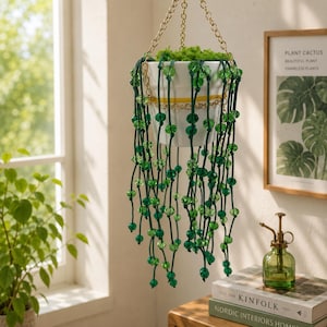 Boho Hanging Planter Decor, Green Beaded Hanging Pot, Spring Summer Garden Ornament, Indoor Outdoor Plant Hanger, Cottagecore Home Gift