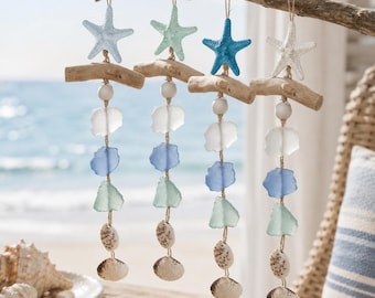 Campana de viento costera hecha a mano con vidrio marino y conchas – Campana de viento rústica de estrella de mar con madera a la deriva, decoración playera perfecta