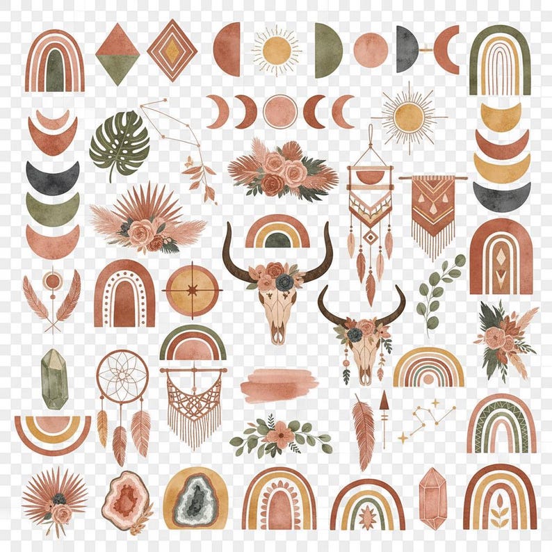 Boho Clipart Mega Pack PNG Transparent Background - Etsy