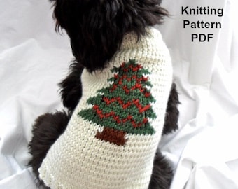 May include: Knitting pattern PDF for a white dog sweater with a green, red, and brown Christmas tree design.