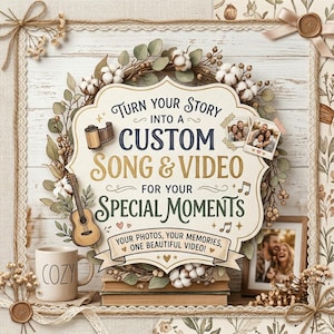 May include: A decorative sign with the text "Turn Your Story Into A Custom Song & Video For Your Special Moments". The sign is surrounded by floral elements, a guitar, a mug that says "COZY", and framed photos.