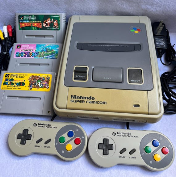 Super Famicom Console Bundle Tested Working Donkey Kong Super Mario World Yoshi's Island SNES 2 Controllers AV Cable AC Adapter