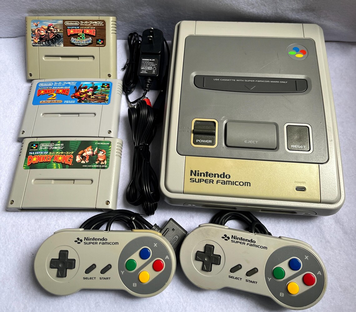 Super Famicom Console Bundle Tested Working Donkey Kong Trilogy SNES Japan 2 Controllers Free Shipping, foto 1 di 5