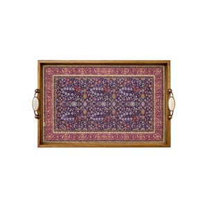 May include: Rectangular wooden serving tray with a detailed floral pattern in shades of purple, pink, and gold. The tray has decorative handles with a cream-colored oval design. The tray is ideal for serving food and drinks.