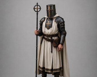 Tragbares Mittelalter-Tempelritter-Kostüm, handgefertigter Kreuzritter-Ritter-Anzug mit Templerhelm für LARP Cosplay & Renaissance Fair