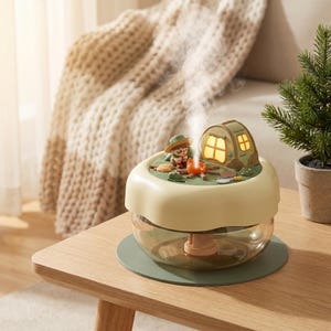 Op de afbeelding: Decoratieve luchtbevochtiger met een campingthema. De luchtbevochtiger heeft een kleine tent, een kampvuur en een miniatuurfiguur. De basis is lichtgroen en het waterreservoir is transparant. Op een houten tafel.