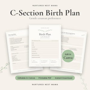 Puede incluir: Una plantilla de documento de plan de parto por cesárea de Nurtured Nest Mama con tres páginas que incluyen secciones para preferencias, conocer al bebé y detalles del quirófano. Diseño color crema con texto oscuro y una insignia verde de Edit in Canva.