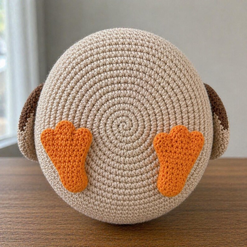 May include: A round, beige crocheted plush toy featuring a spiral stitch pattern on the front. It has two bright orange, webbed, three-toed feet attached to the lower center and two dark brown, rounded, wing-like appendages on the sides.