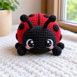 May include: A handmade crochet ladybug toy. The ladybug has a red body with black spots, a black head, and black antennae. The eyes are white with black pupils and pink cheeks. The toy is sitting on a white, textured surface.
