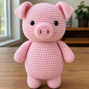 May include: A light pink crocheted pig stuffed animal featuring a round body, two small ears, and a snout with two dark embroidered nostrils. The pig has two small, round, black plastic eyes positioned above the snout on its textured yarn surface.