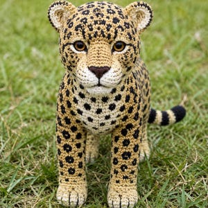 Könnte beinhalten: Ein gehäkeltes Stofftier in Form eines Leoparden mit beigem Garn, schwarzen Flecken und braunen Augen. Der Leopard hat eine weiße Schnauze, abgerundete Ohren mit weißer Mitte und einen langen Schwanz mit schwarzen Streifen. Die Textur besteht aus festen Maschen.