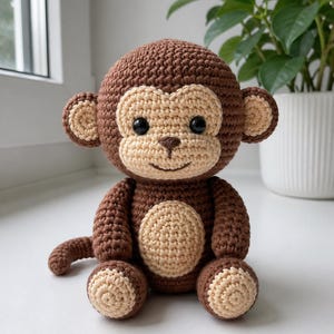 May include: A handmade crochet monkey in shades of brown and tan. The plush toy features a round head, large ears, and a smiling face with black eyes. The monkey is sitting with its arms and legs extended, and a small tail.