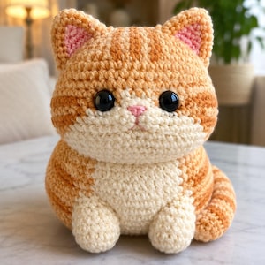 Può includere: Figurina di gatto all'uncinetto nei toni dell'arancione e del crema. Il gatto ha grandi occhi neri, un naso rosa e orecchie foderate di rosa. Il gatto fatto a mano è seduto, con la coda arricciata di lato.
