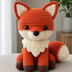 May include: A crocheted fox plush toy featuring vibrant orange yarn for the body, head, and tail, with cream-colored accents on the ears, chest, and tail tip. The fox has dark brown paws, black plastic safety eyes, and a black plastic nose.
