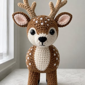 Può includere: Un peluche di cervo all'uncinetto con corpo marrone a pois bianchi, petto e viso color crema, grandi occhi neri di sicurezza, naso nero e corna beige chiaro. Il cervo ha orecchie a punta con dettagli rosa e zoccoli marrone scuro.