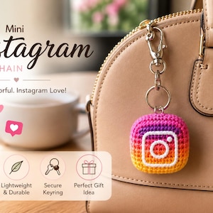 May include: A handmade, colorful Instagram keychain with a gradient of pink, purple, orange, and yellow. The keychain is attached to a tan purse. The text "Mini Instagram KEYCHAIN" is visible.