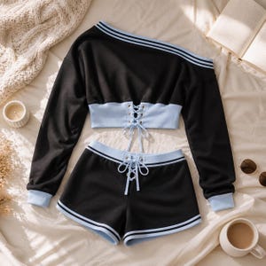 Patrón de costura para conjunto de dos piezas para estar en casa / Top corto con hombros descubiertos y shorts / Guía ilustrada paso a paso