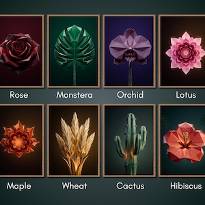 Low Poly Botanical Wall Art Bundle (8 Prints), Geometric Flower & Plant Set, Minimalist Aesthetic Posters, Modern Printable Decor, Nature