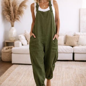 Olive Linen Overalls Jumpsuit Dungarees