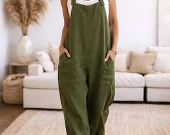 Olive Linen Overalls Jumpsuit