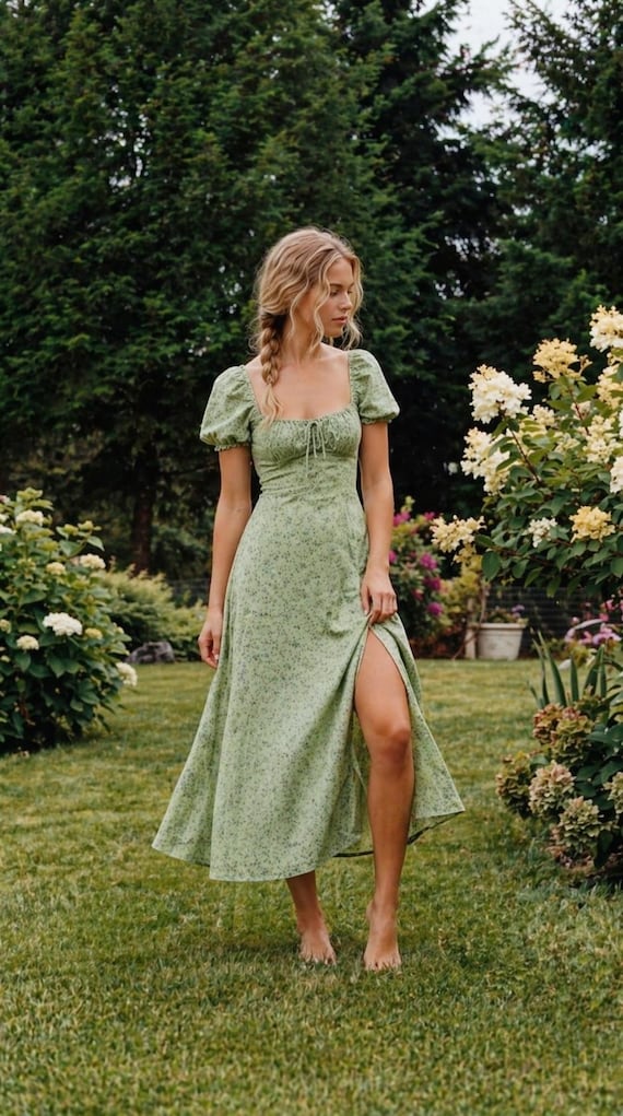 Sage Green Garden Print Midi Dress | Puff Sleeve