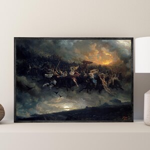 May include: A framed painting shows a dynamic scene of figures in flight against a stormy sky. The artwork uses dark, moody colours with a bright, golden light in the background. The painting is displayed on a white shelf.