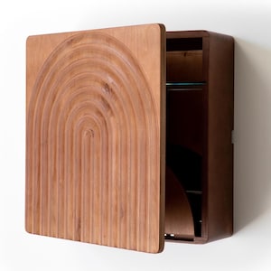 Carved Arch Wall Bar Cabinet: Floating Liquor Storage, Made in USA