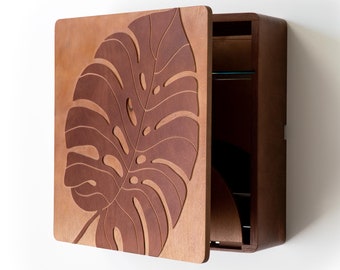 KARVD Monstera - Wall Mounted Liquor Cabinet - Compact Cocktail Bar - Wood Carved Leaf Art - Hanging Mini Bar - Hidden Murphy Bar - Wall Bar