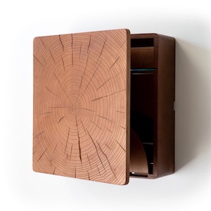 Tree Ring Bar Cabinet - Wood Carved Liquor Cabinet - Compact Cocktail Bar - Hanging Murphy Bar - Space Saving Hideaway Bar - Made in USA