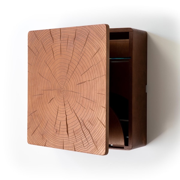 KARVD Timber - Wall Mounted Liquor Cabinet - Compact Cocktail Bar - Wood Carved Tree Rings - Hanging Murphy Bar - Space Saving Home Storage