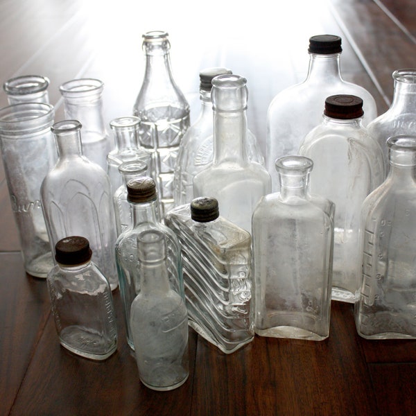 Large Vintage Glass Bottle Collection - Set of 20, apothecary, medicine, primitive, instant collection