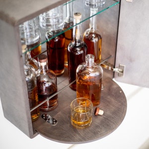 Mid Century Modern Wall Bar: Tiki Style Liquor Cabinet, Space Saving - Made in USA