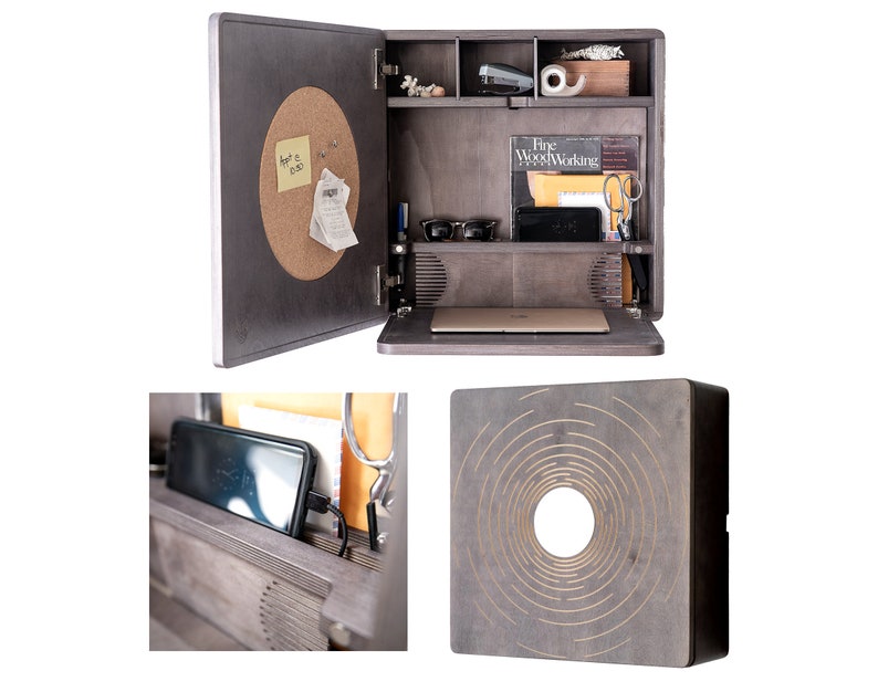 Karvd Luna Wall Mounted Laptop Desk Compact Hanging Wood Carved Moon Art Space Saving Dorm Room Docking Charging Station