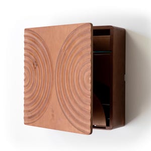 Wood Carved Liquor Cabinet - Hideaway Cocktail Bar - Compact Whiskey Cabinet - Hanging Mini Wall Bar - Space Saving Murphy Bar - Made in USA
