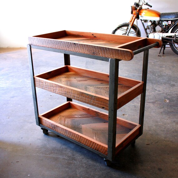 Industrial Bar Cart Reclaimed Wood Serving Rustic Image 0
