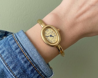 Gold Oval Watch for Women | Roman Numeral Vintage Style Quartz Wristwatch