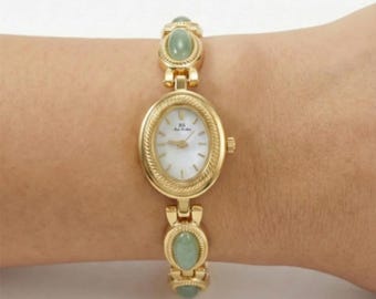 Gold Watch for Women, Vintage Brown Jade Bracelet Watch, Small Face Quartz Wristwatch, Waterproof Luxury Watch for Her,