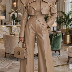 Leather Trouser Suit, Tan Cropped Structured Jacket and Wide Leg Pants Set, Womens Sculptural Two Piece Outfit
