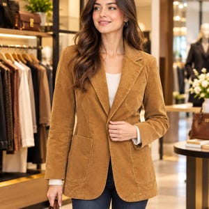 Può includere: Un blazer in velluto a coste color marrone chiaro con revers dentellati, una tasca sul petto e due grandi tasche applicate sul davanti. La giacca è indossata sopra un top bianco a coste e jeans blu scuro, mostrando una finitura in tessuto testurizzato.