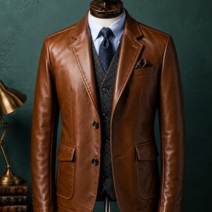 Può includere: Un blazer in pelle marrone indossato sopra un gilet testurizzato grigio scuro, una camicia a colletto azzurro e una cravatta blu scuro. Il blazer presenta due bottoni frontali, due tasche con patta e un fazzoletto da taschino fantasia.