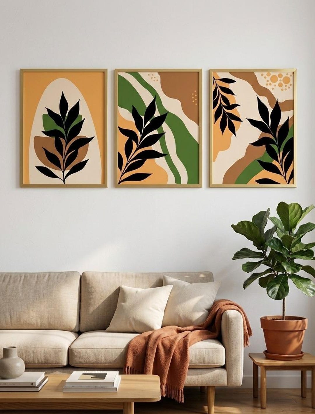 Abstract Botanical Print Set, Mid Century Boho Decor, Green Orange Art ...