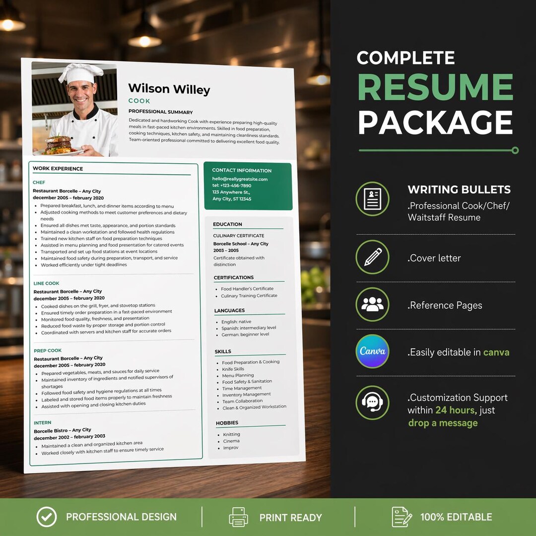 Cook Chef Resume Template Bundle: Editable Canva CV for Culinary ...