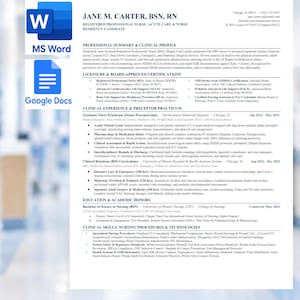 May include: A professional nursing resume for Jane M. Carter, BSN, RN, featuring sections for professional summary, clinical profile, licensures, board-approved certifications, clinical experience, preceptor practicum, education, and clinical skills.