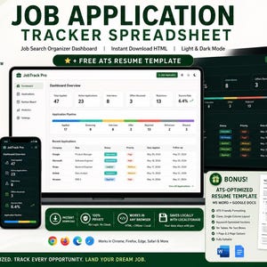 May include: A digital job application tracker spreadsheet displayed on a laptop, tablet, and smartphone. The interface shows application progress, analytics, and a Kanban pipeline. Includes a free ATS resume template. The design features light and dark modes.