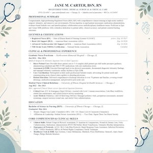 May include: A professional resume for Jane M. Carter, BSN, RN, featuring sections for professional summary, licenses, clinical experience, education, and core competencies. The document is printed on a white background with decorative medical icons.