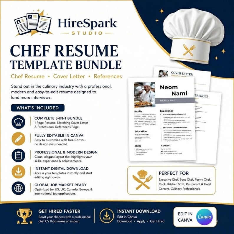 Chef Resume Template, Cook CV Template, Sous, Executive Chef, Culinary ...