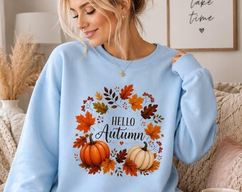Hello Autumn Sweatshirt, Pumpkin Fall Leaves Wreath Crewneck, Cozy Autumn Sweater